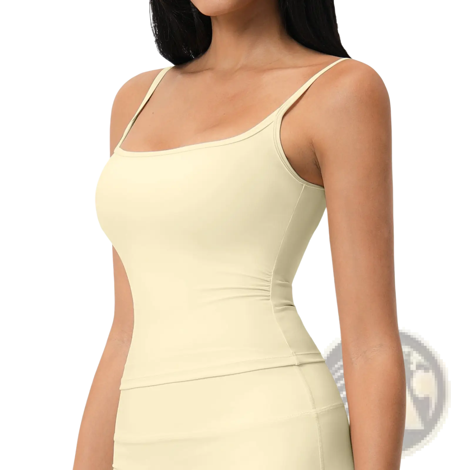 Cream-colored padded sports tank top with thin straps and subtle seams quick drying workout activewear