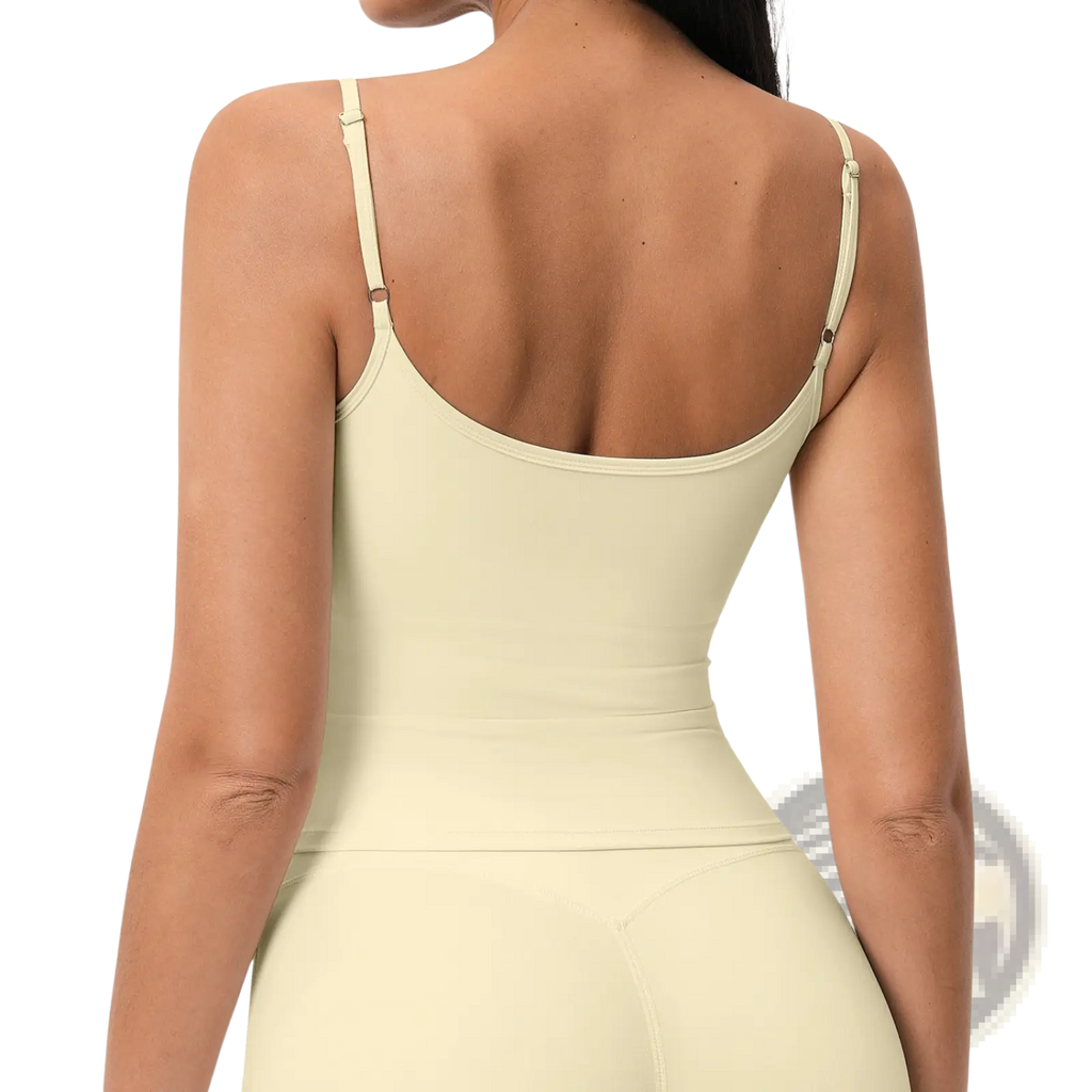 Cream-colored padded sports tank top with thin adjustable straps seamless design quick drying workout activewear