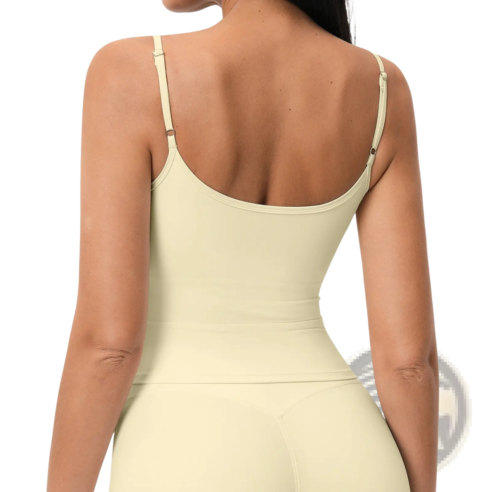 Cream-colored padded sports tank top with thin adjustable straps seamless design quick drying workout activewear