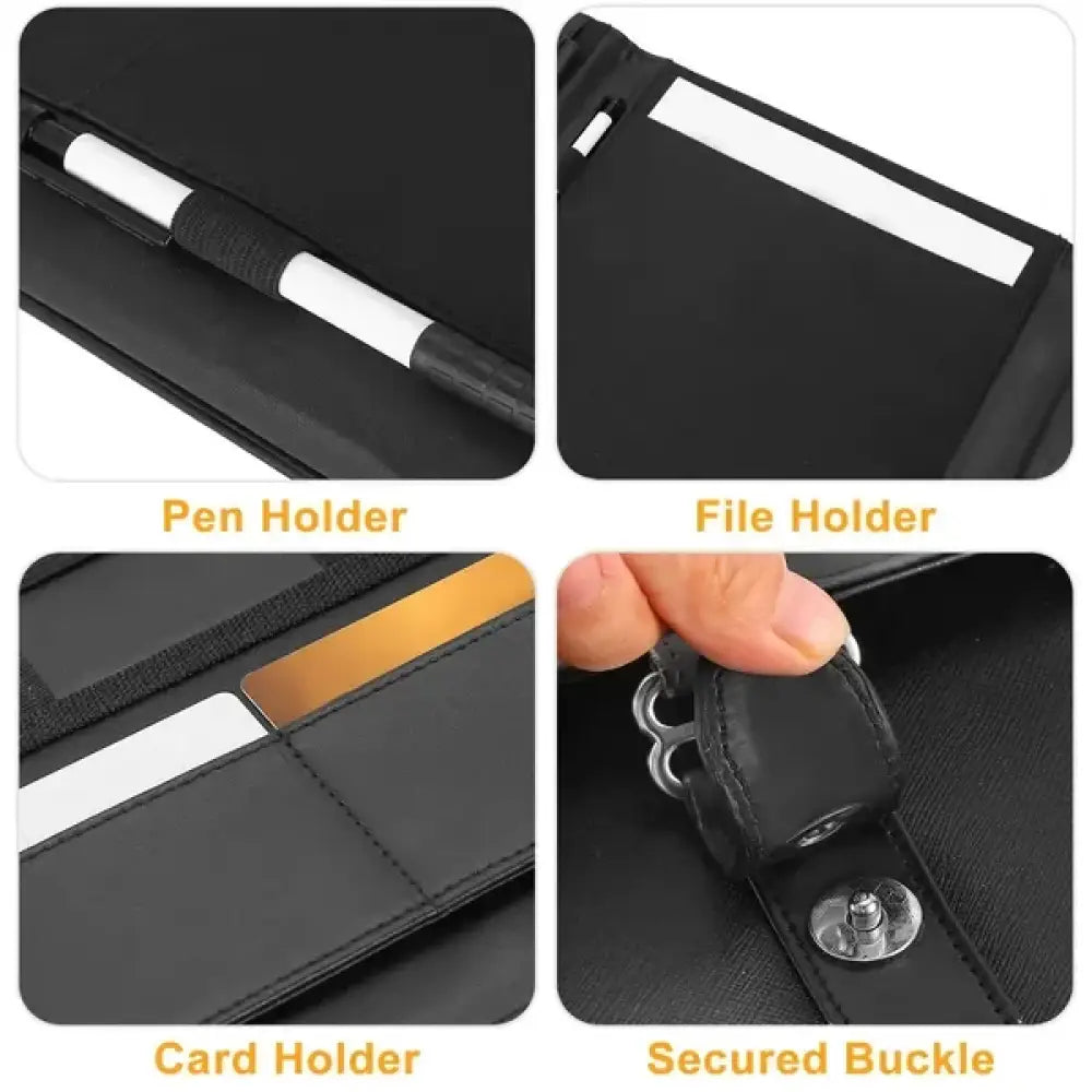 Black leather organizer with pen file and card slots and secured buckle paired with universal smartphone telephoto zoom lens with clip