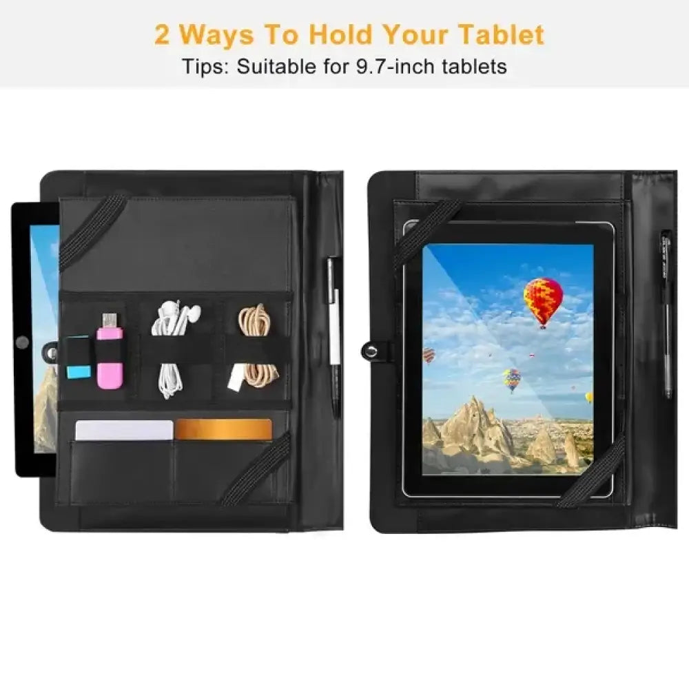 Black leather tablet case with built-in compartments and stand function for universal smartphone telephoto zoom lens with clip