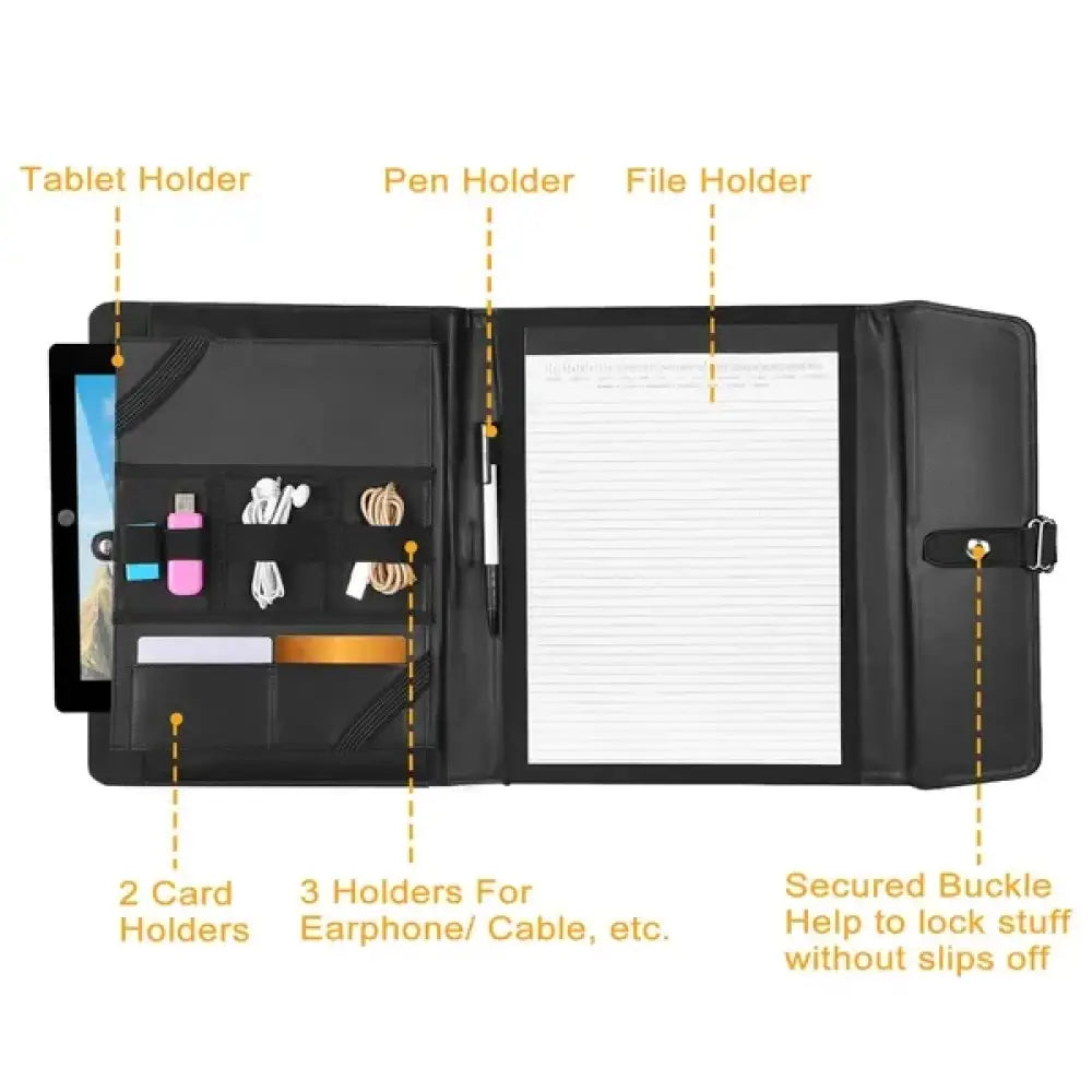 Black leather tablet folio with multiple compartments for cards earphones cables and pen holder shown with universal smartphone telephoto zoom lens with clip