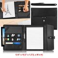 Black leather tablet and notebook organizer with multiple compartments and detachable strap for universal smartphone zoom lens use