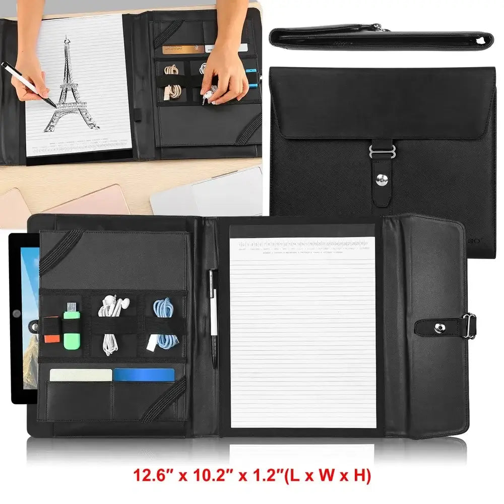 Black leather tablet and notebook organizer with multiple compartments and detachable strap for universal smartphone zoom lens use