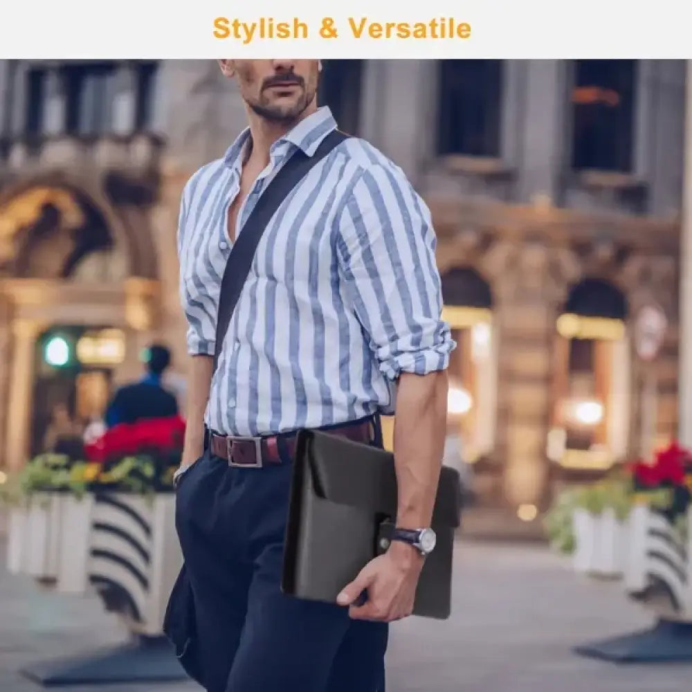 Black leather satchel with minimalist design and single shoulder strap shown alongside universal smartphone telephoto zoom lens with clip