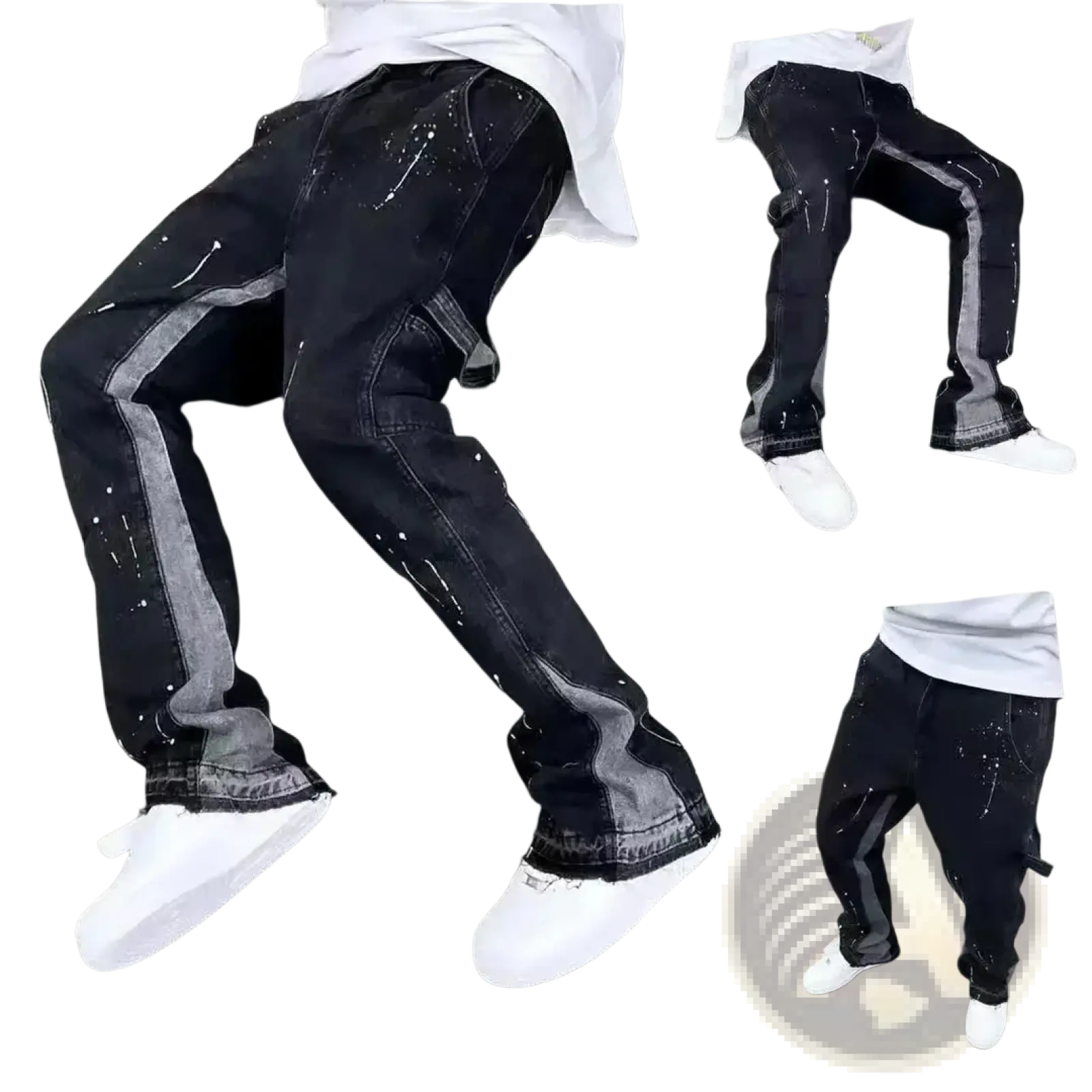 Black denim jeans with gray paint splatter accents and a flared leg design in a front view