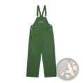 Dark green canvas paint splatter logo denim overalls with black embroidered chest logo and durable material