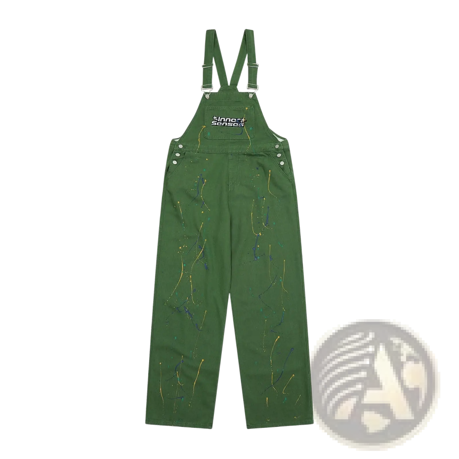 Dark green canvas paint splatter logo denim overalls with black embroidered chest logo and durable material