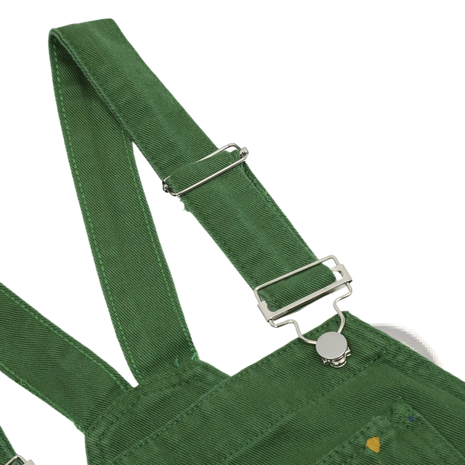 Green corduroy overalls with silver toned metal clasps featured in paint splatter logo denim overalls collection