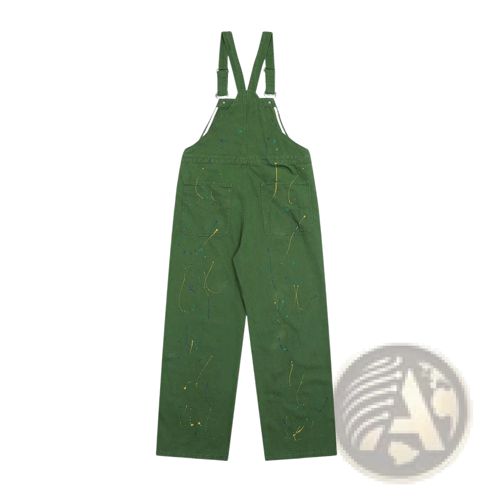 Olive green denim overalls with paint splatter accents featuring a logo design on durable cotton fabric