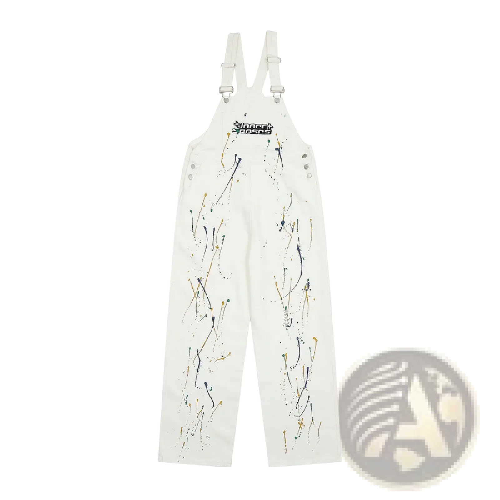 White canvas paint splatter logo denim overalls with black gold and green accents for artistic wear