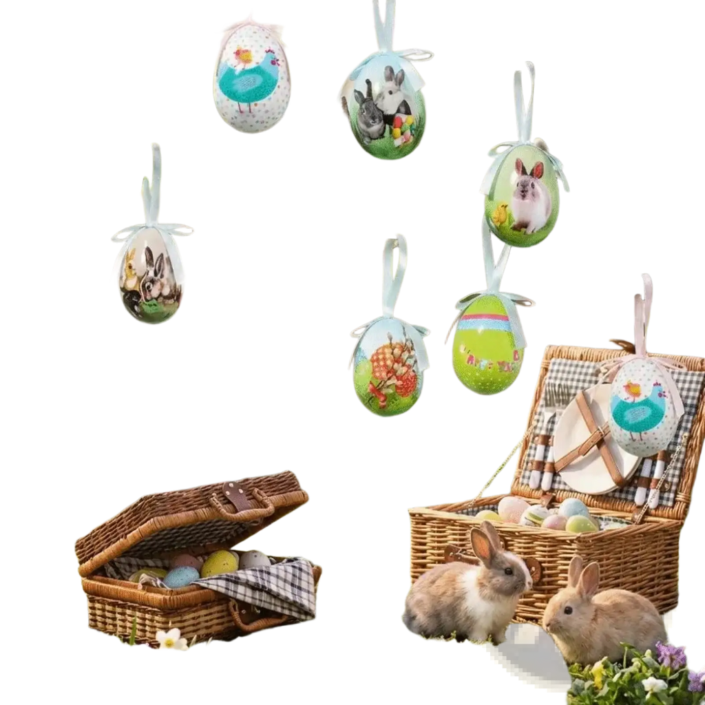 Colorful painted foam easter eggs diy craft hanging ornaments with printed bunny and chick designs on a tree branch