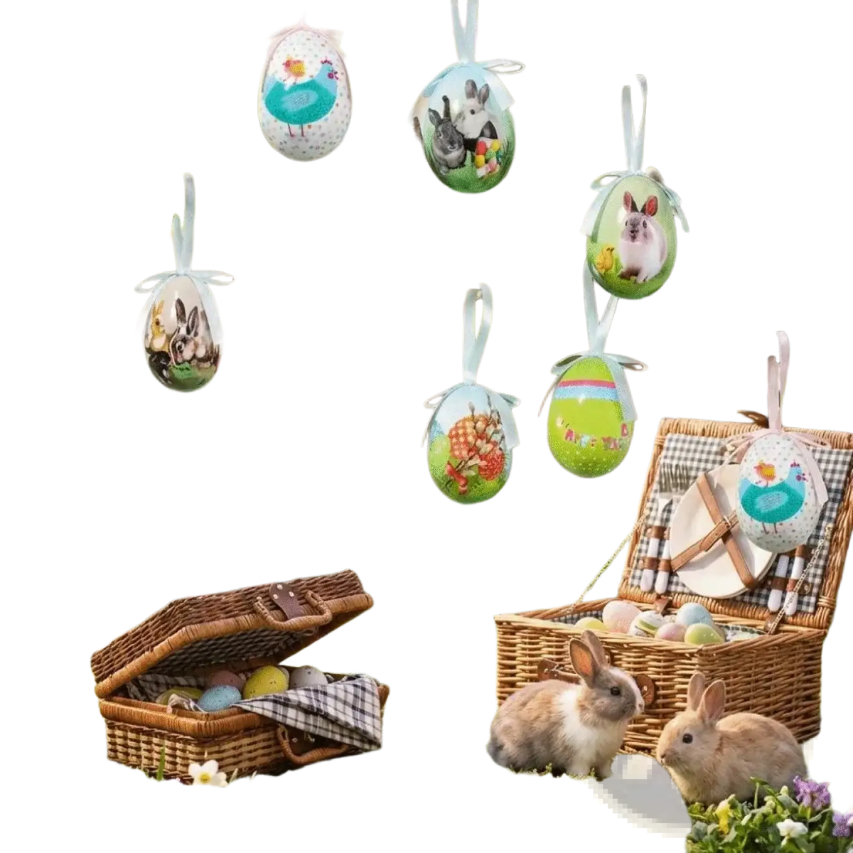 Colorful painted foam easter eggs diy craft hanging ornaments with printed bunny and chick designs on a tree branch