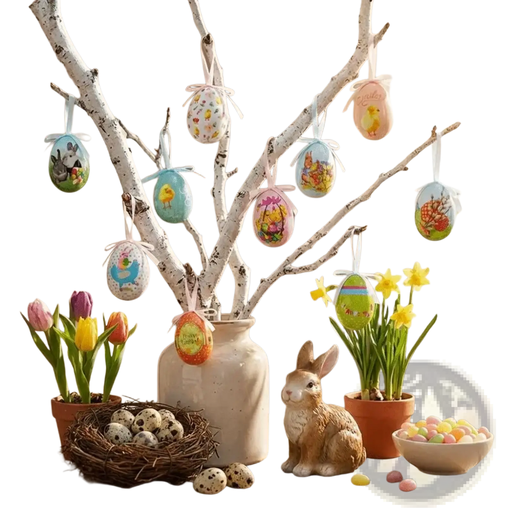 A decorative white birch branch with painted foam Easter eggs featuring colorful illustrations and ribbon ties