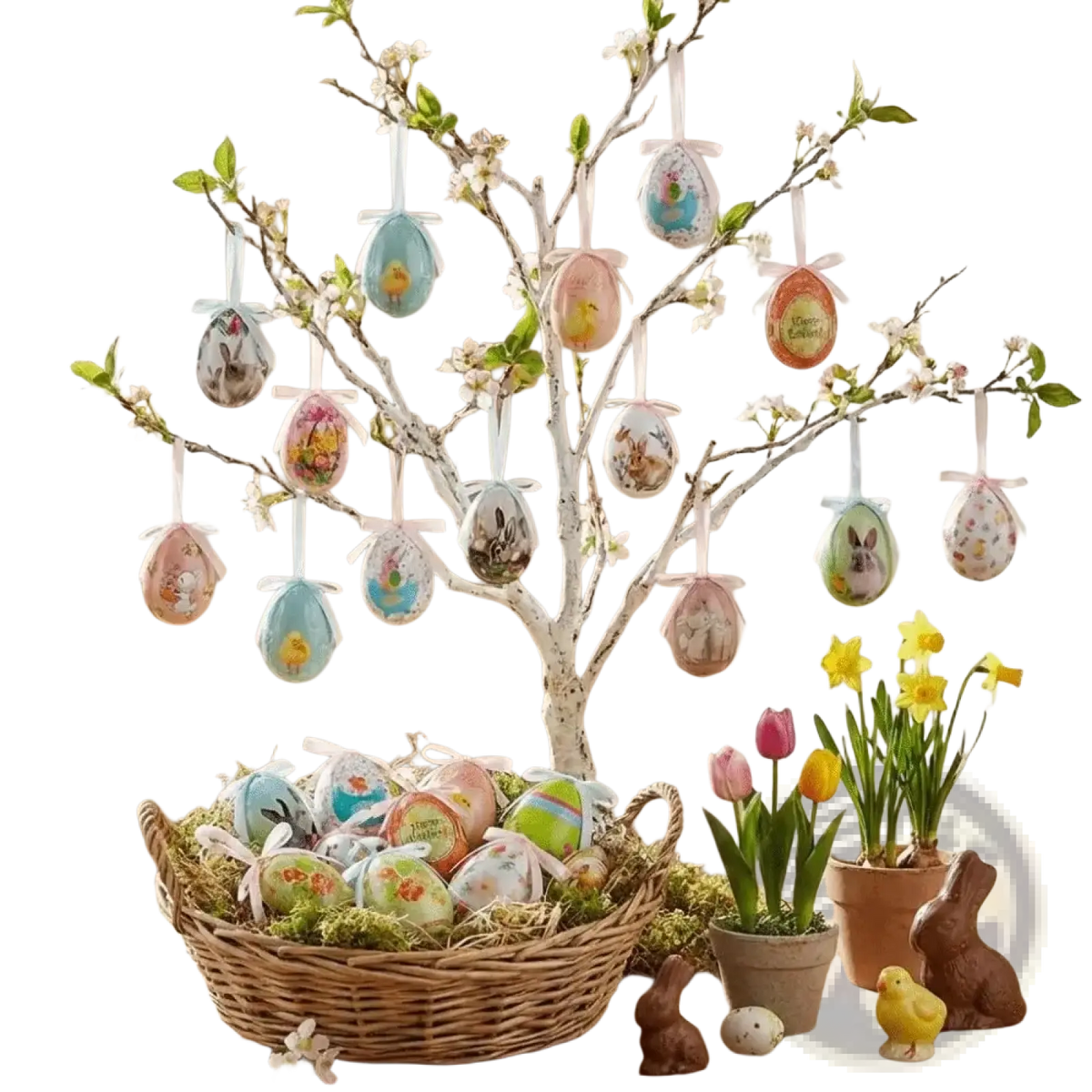 A decorative white tree branch with colorful painted foam Easter eggs featuring various designs for hanging ornaments