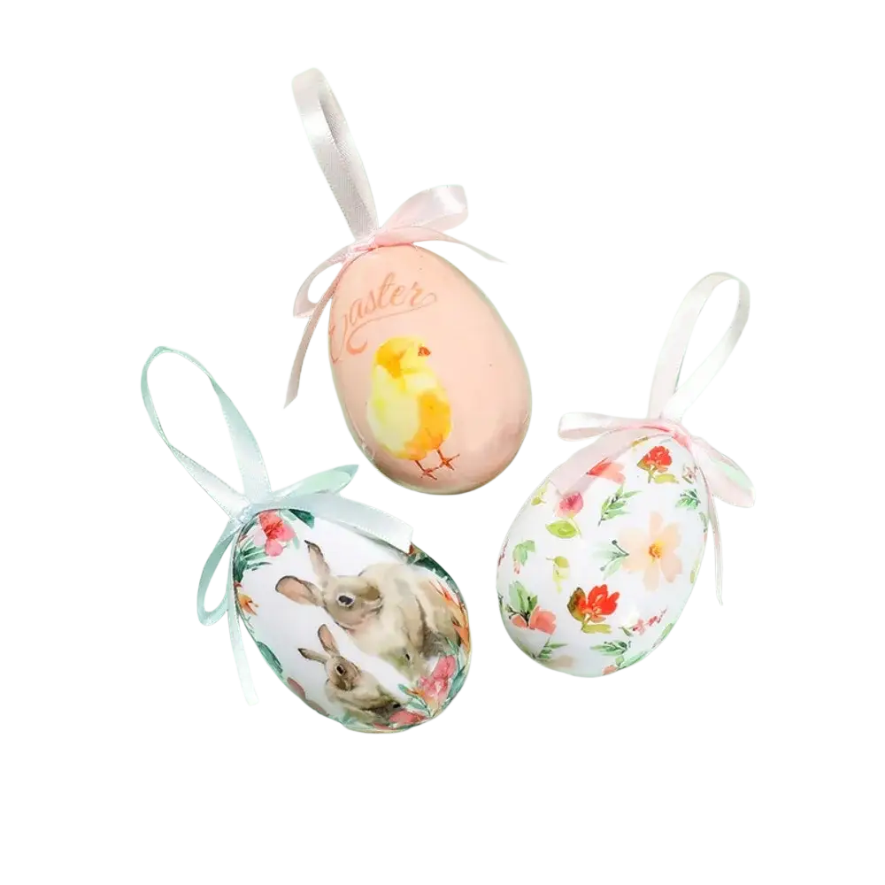 Pastel-colored painted foam easter eggs diy craft hanging ornaments with delicate ribbon ties and printed chick bunny floral designs