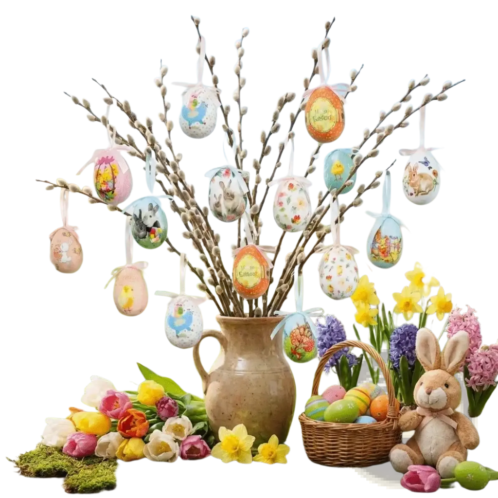 A rustic beige ceramic pitcher filled with willow branches holding colorful painted foam easter eggs diy craft hanging ornaments