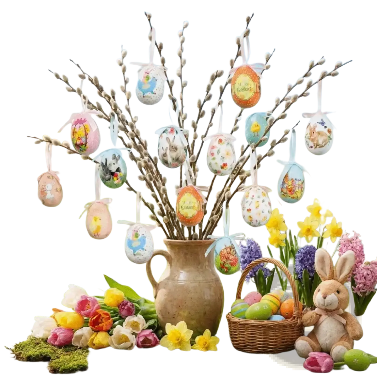 A rustic beige ceramic pitcher filled with willow branches holding colorful painted foam easter eggs diy craft hanging ornaments