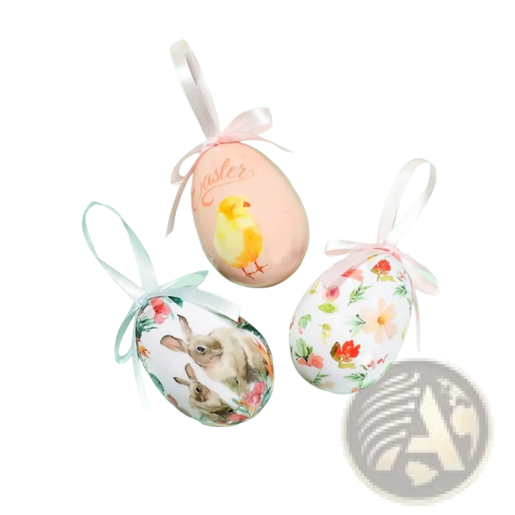 Pastel-colored painted foam easter eggs diy craft hanging ornaments with delicate ribbon ties and printed chick bunny floral designs