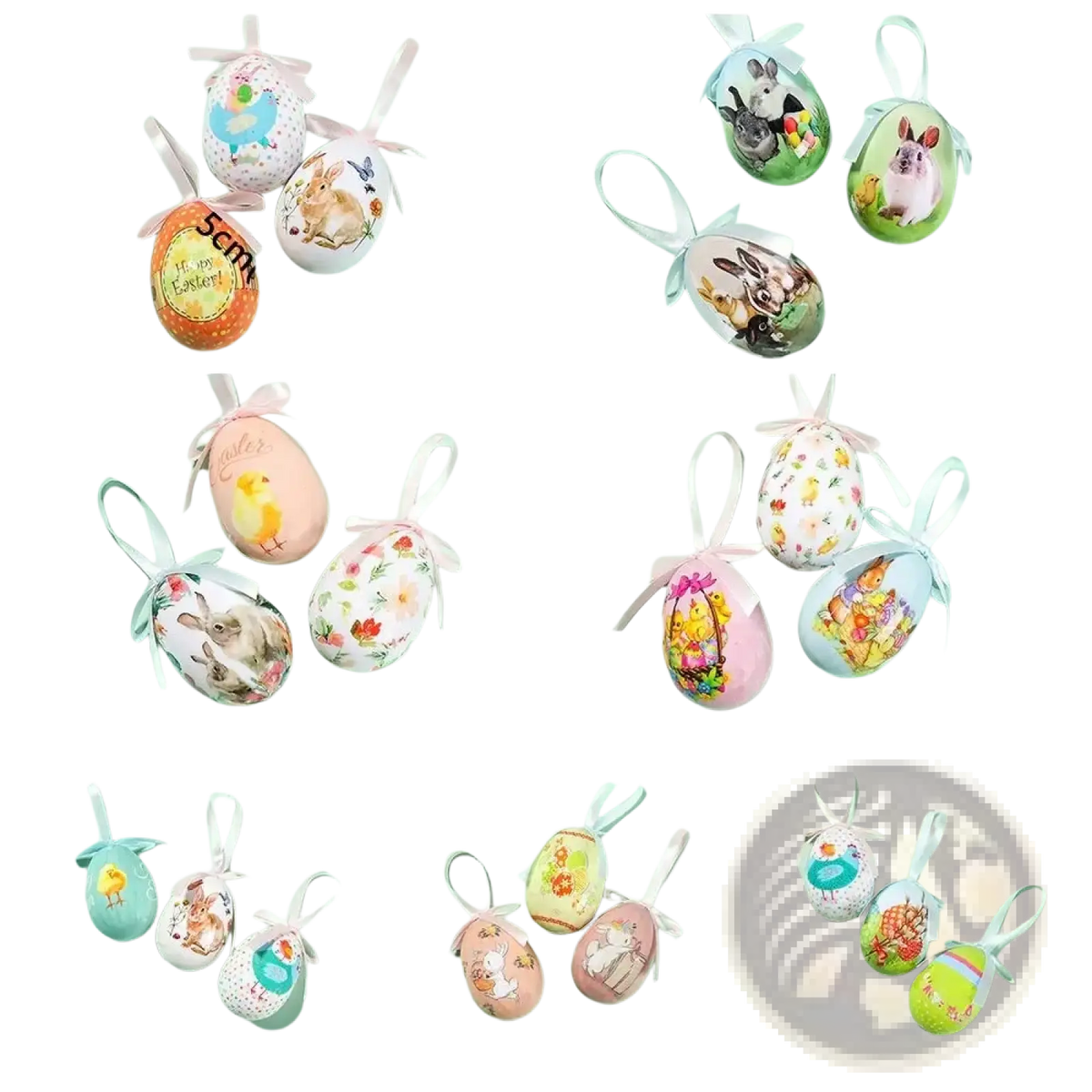 Painted foam easter eggs diy craft hanging ornaments in pastel and vibrant colors with bunny chick floral printed designs and satin ribbons