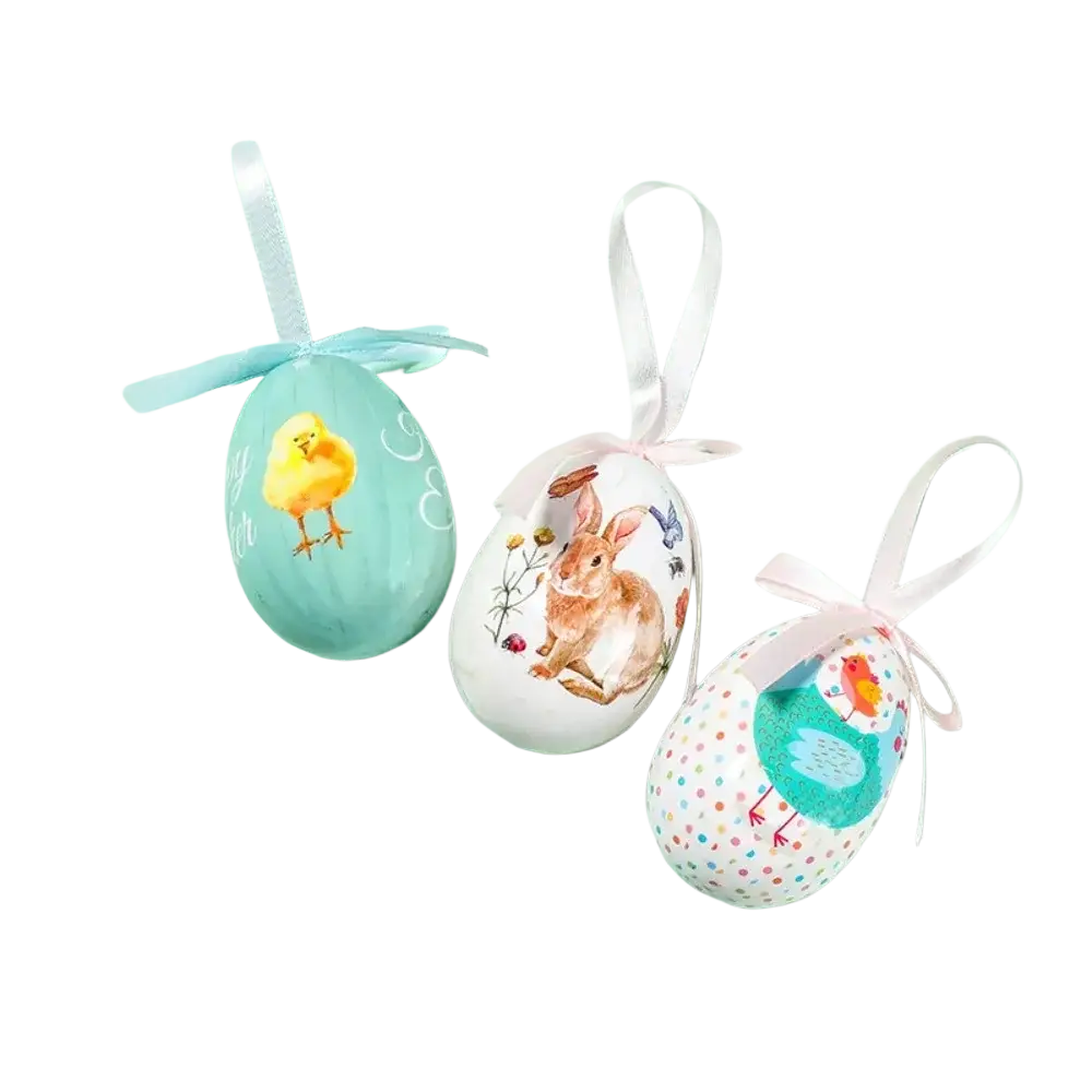 Three painted foam easter egg diy craft hanging ornaments with pastel colors and chick and bunny designs with ribbons