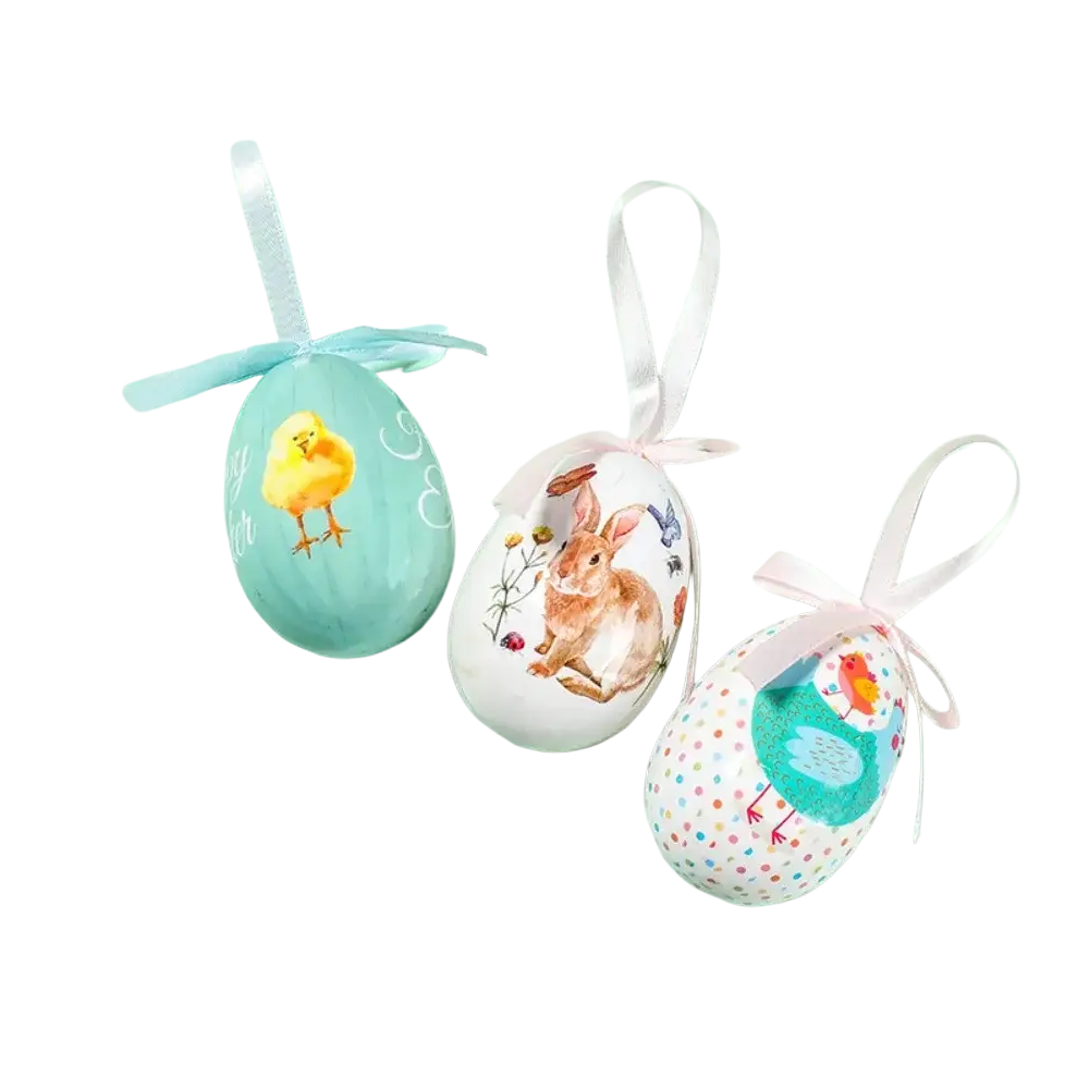 Three painted foam easter egg diy craft hanging ornaments with pastel colors and chick and bunny designs with ribbons