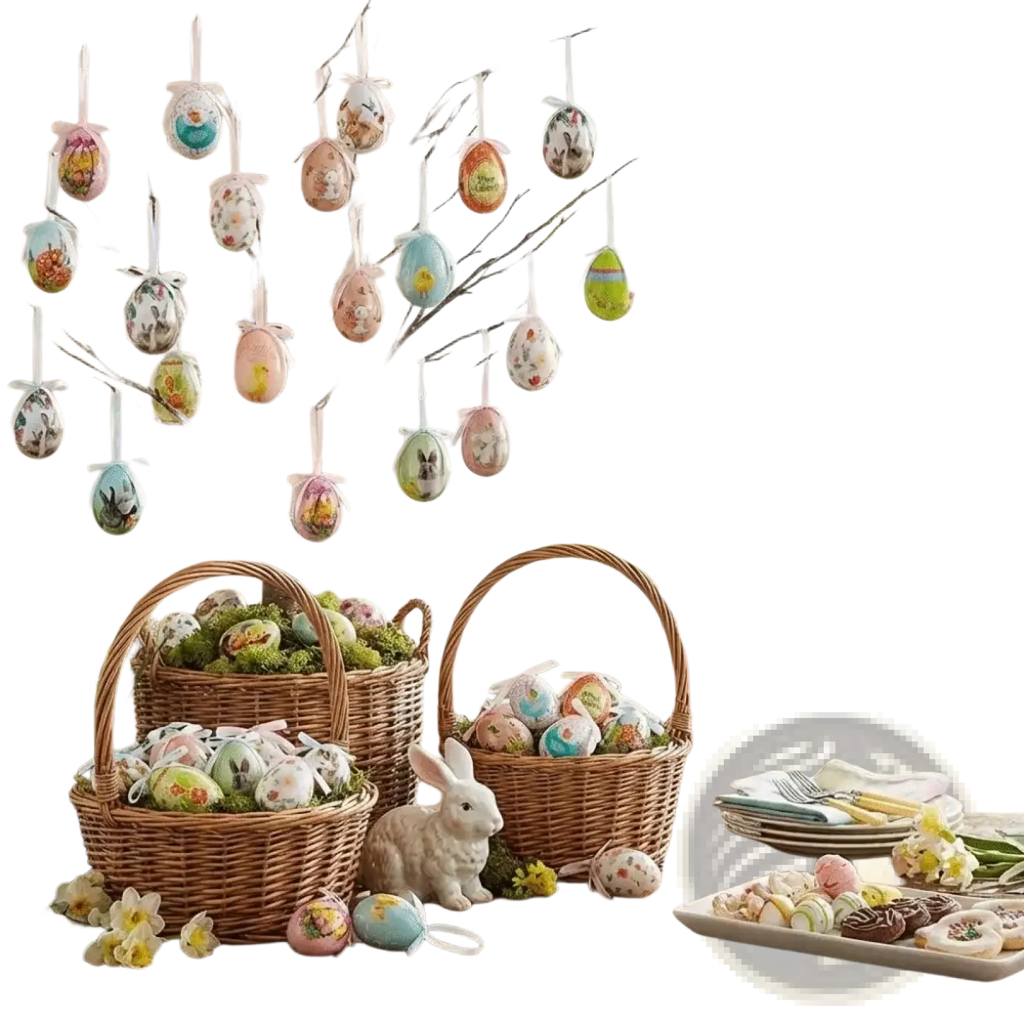 A decorative tree with bare branches adorned with colorful patterned painted foam easter eggs hanging ornaments