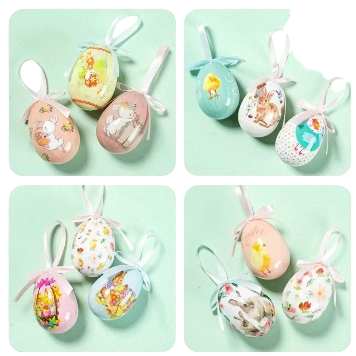 Pastel-colored painted foam Easter eggs with bunny and chick designs hanging as delicate craft ornaments