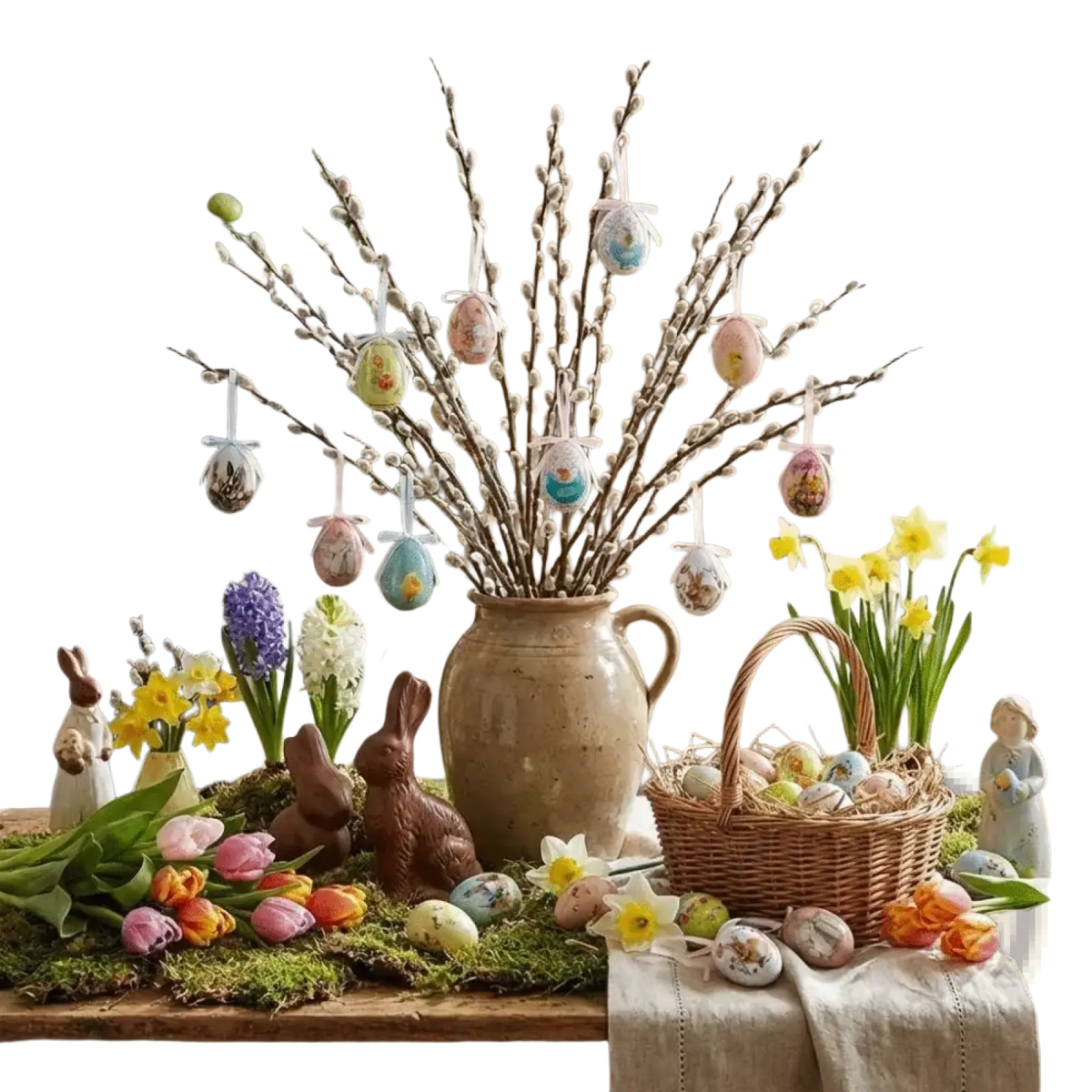 A rustic beige ceramic pitcher filled with pussy willow branches decorated with pastel painted foam easter eggs hanging ornaments