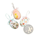 Painted foam easter eggs hanging craft ornaments featuring pastel colors with chick bunny and floral printed designs and ribbon ties