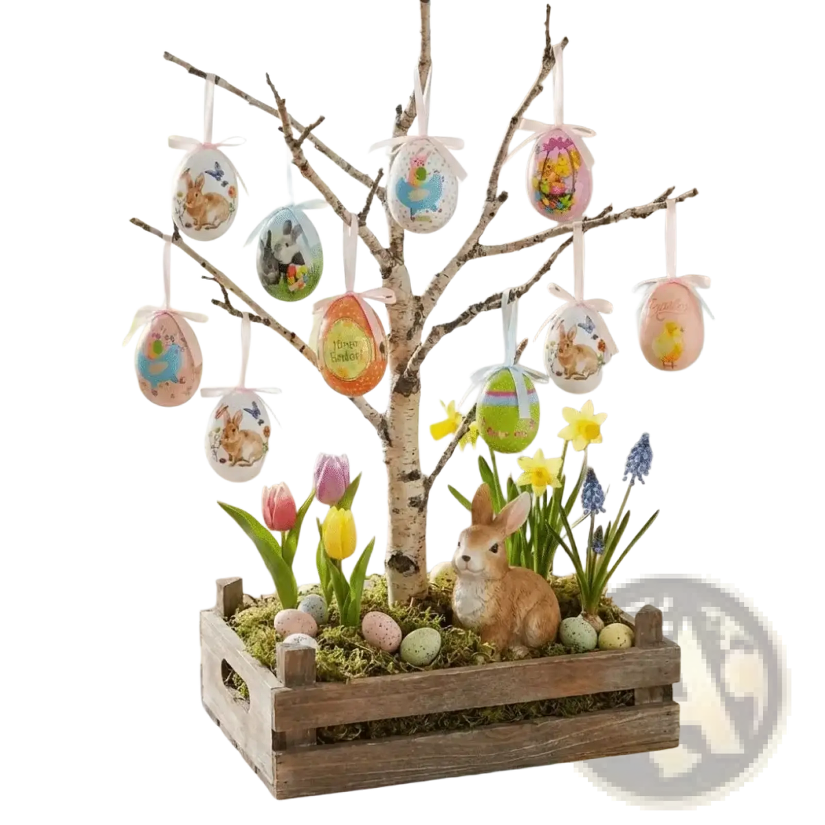 Painted foam easter eggs hanging craft ornaments on bare branches in a rustic wooden crate with moss and pastel eggs