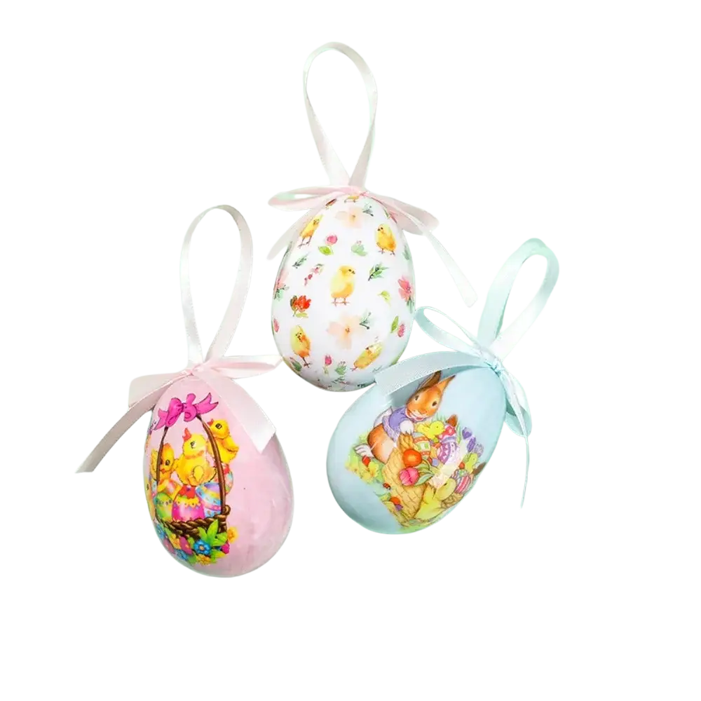 Three painted foam easter egg hanging craft ornaments with colorful chick bunny illustrations and pastel satin ribbons