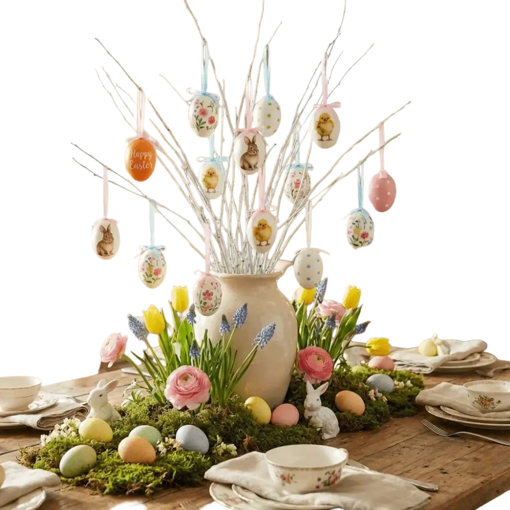 Beige ceramic vase with slender branches holding delicate painted foam easter eggs with floral and bunny designs