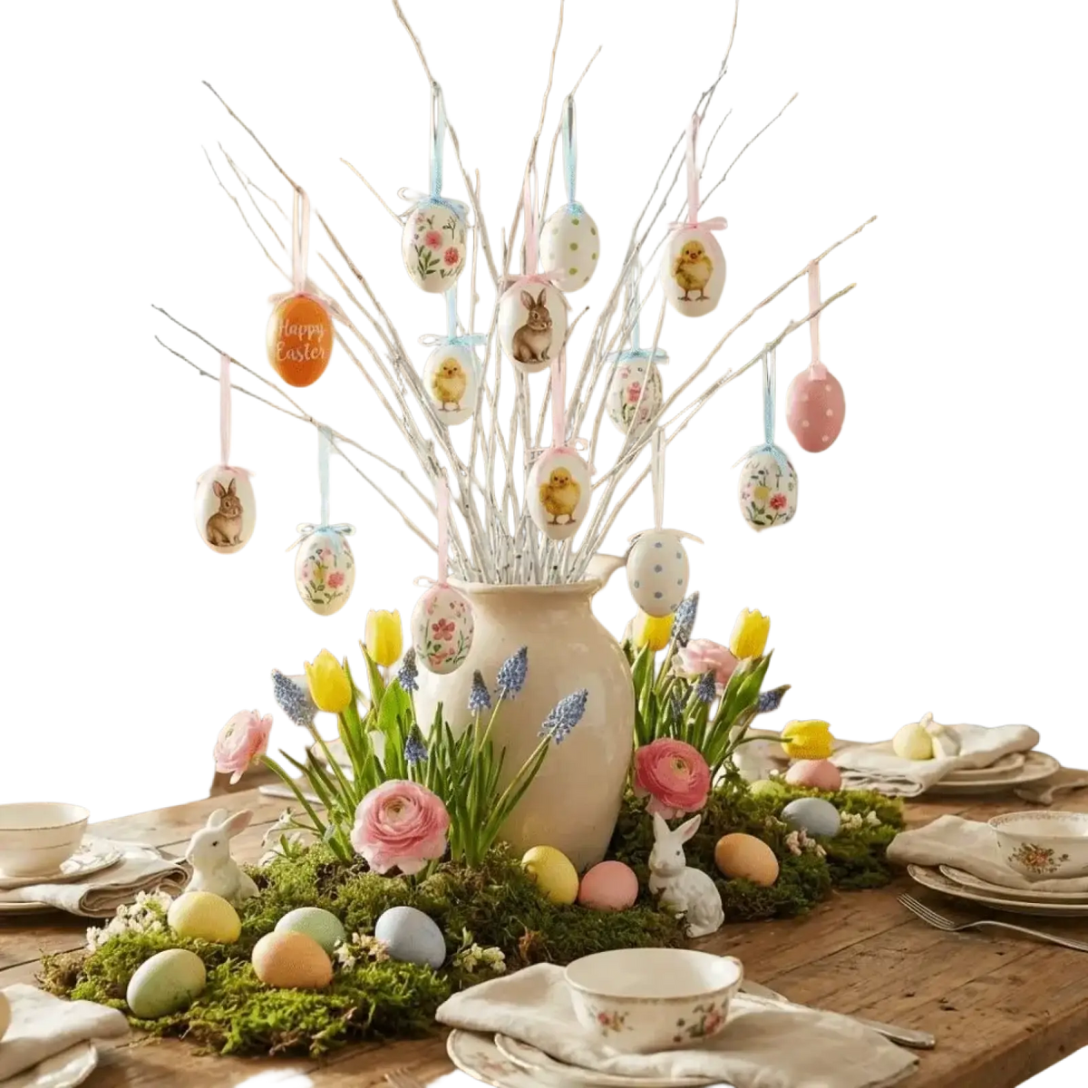 Beige ceramic vase with slender branches holding delicate painted foam easter eggs with floral and bunny designs