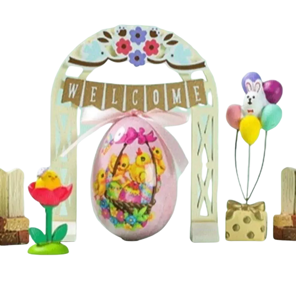 Pink painted foam easter egg hanging ornament with colorful chick illustration and decorative bow in festive decor