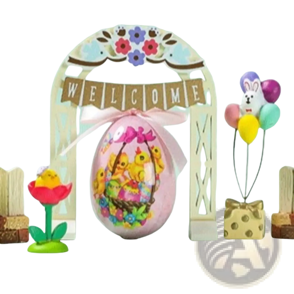 Pink painted foam easter egg hanging ornament with colorful chick illustration and decorative bow in festive decor