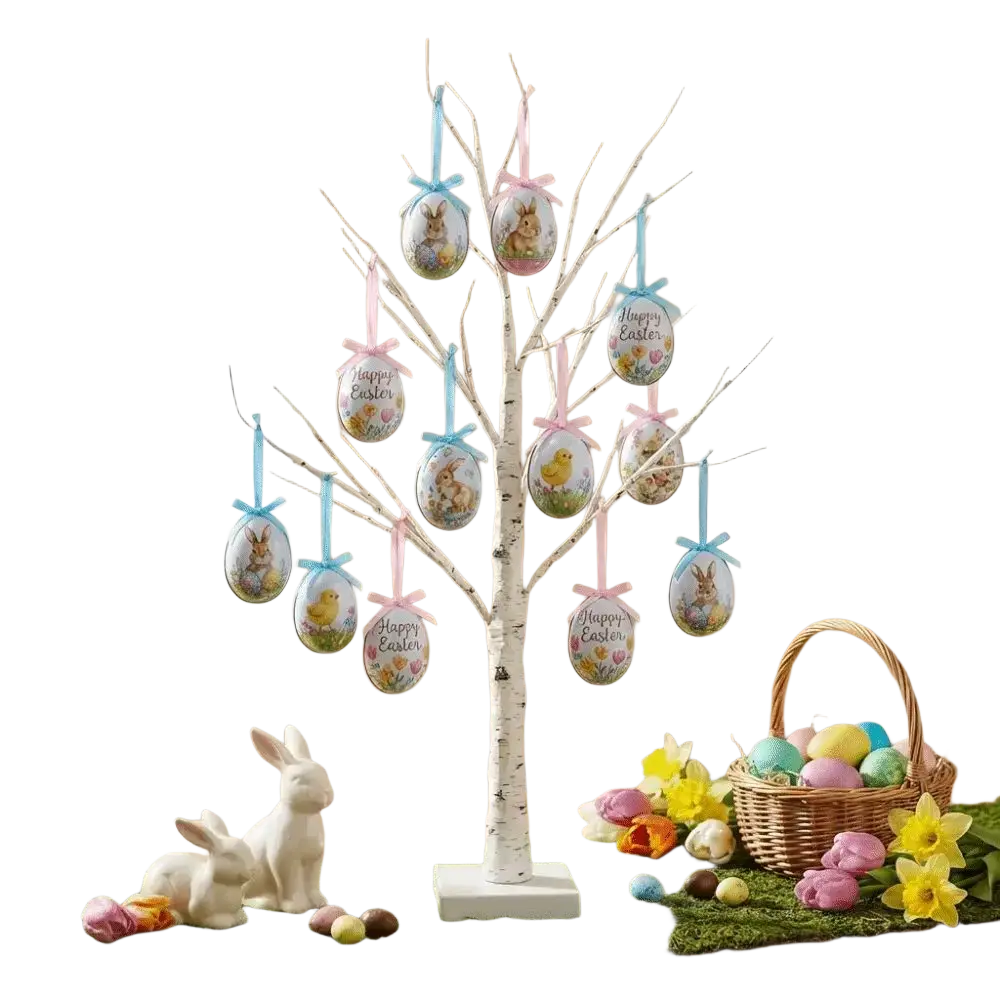 Painted foam easter eggs hanging ornaments in white birch tree decoration with pink and blue ribbon ties