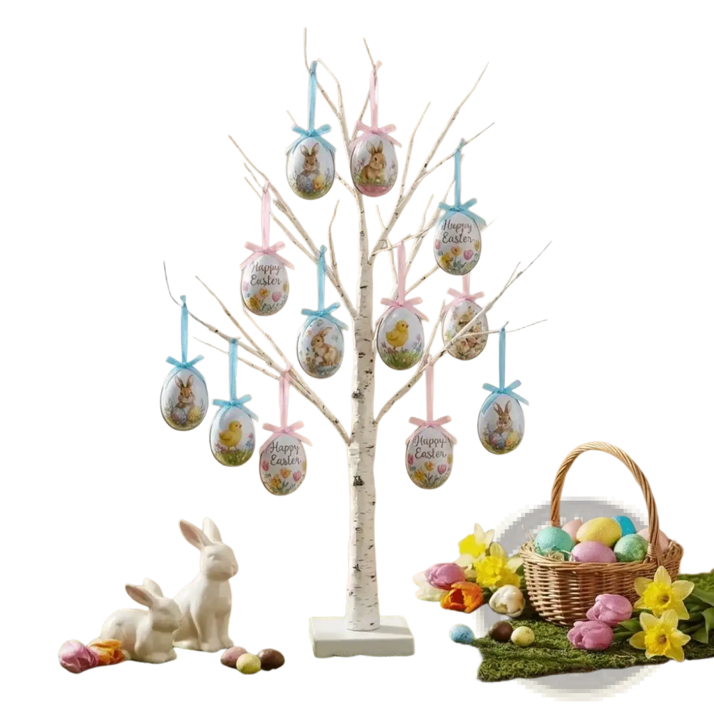 Painted foam easter eggs hanging ornaments in white birch tree decoration with pink and blue ribbon ties