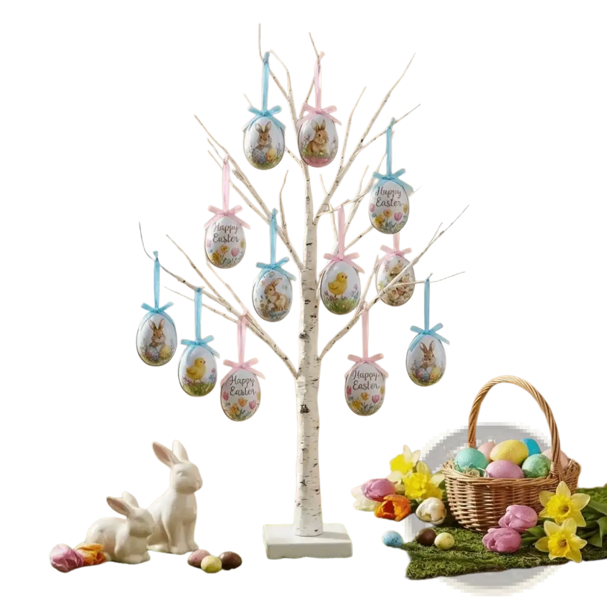 Painted foam easter eggs hanging ornaments in white birch tree decoration with pink and blue ribbon ties
