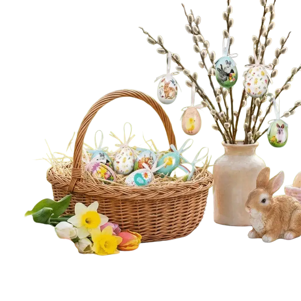 Woven wicker easter basket filled with colorful painted foam eggs and straw as hanging ornaments display