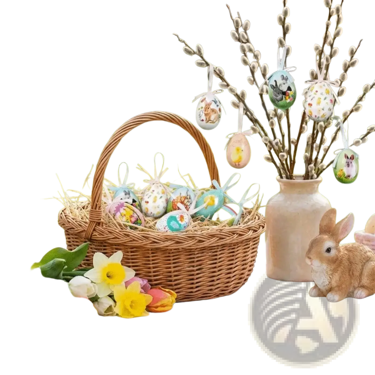 Woven wicker easter basket filled with colorful painted foam eggs and straw as hanging ornaments display