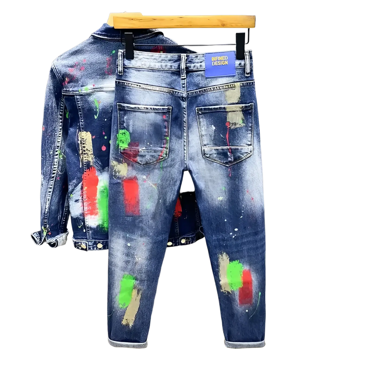 Painted ripped denim jeans for men in blue with vibrant red green and beige paint splatter design on front side