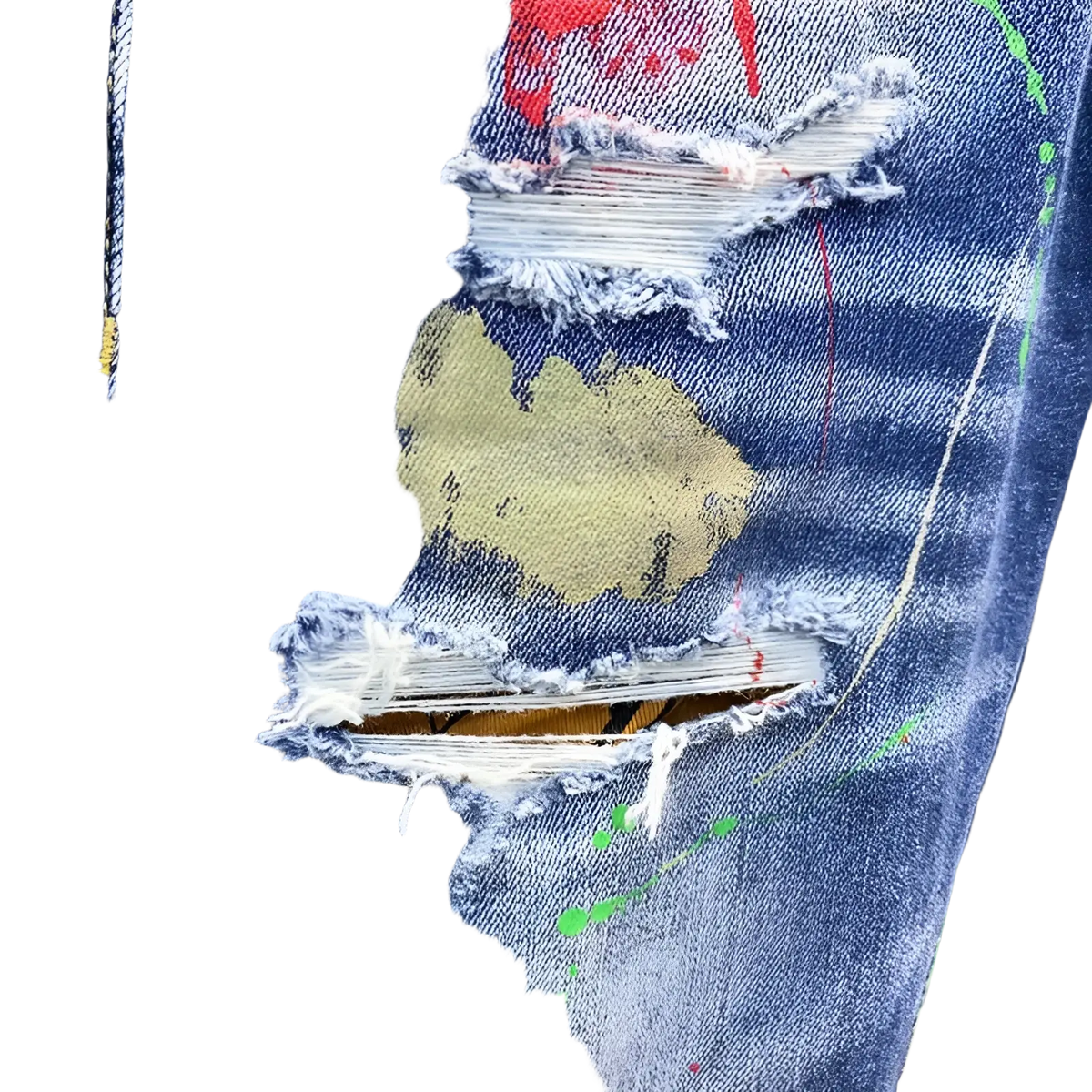 Painted ripped denim jeans for men featuring blue denim with distressed rips and colorful paint splatters