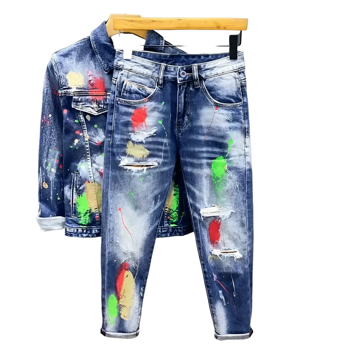 Blue denim painted ripped denim jeans for men with colorful paint splatters paired with a matching jacket