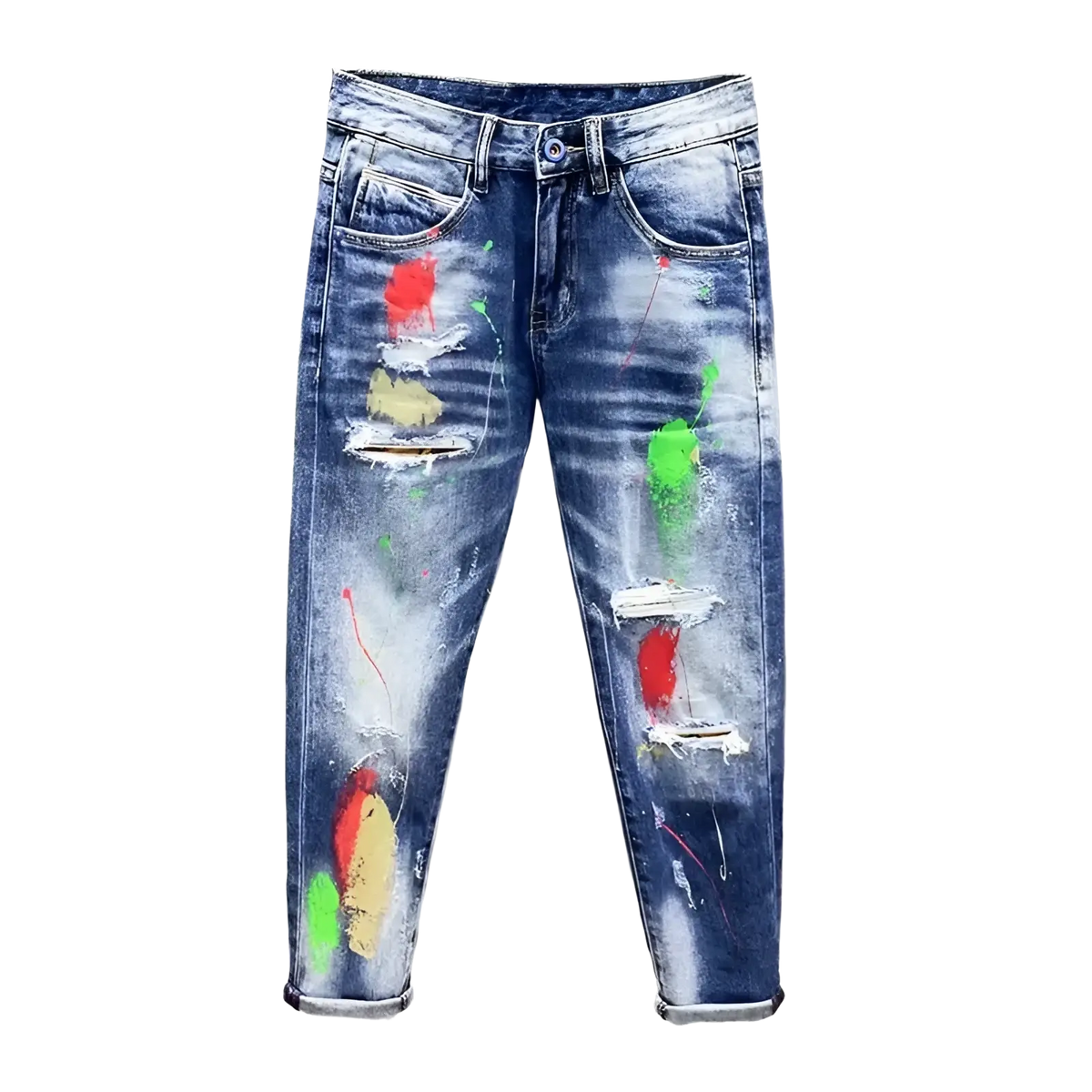 Painted ripped denim jeans for men blue denim with vibrant red green and yellow paint splatters and distressed details