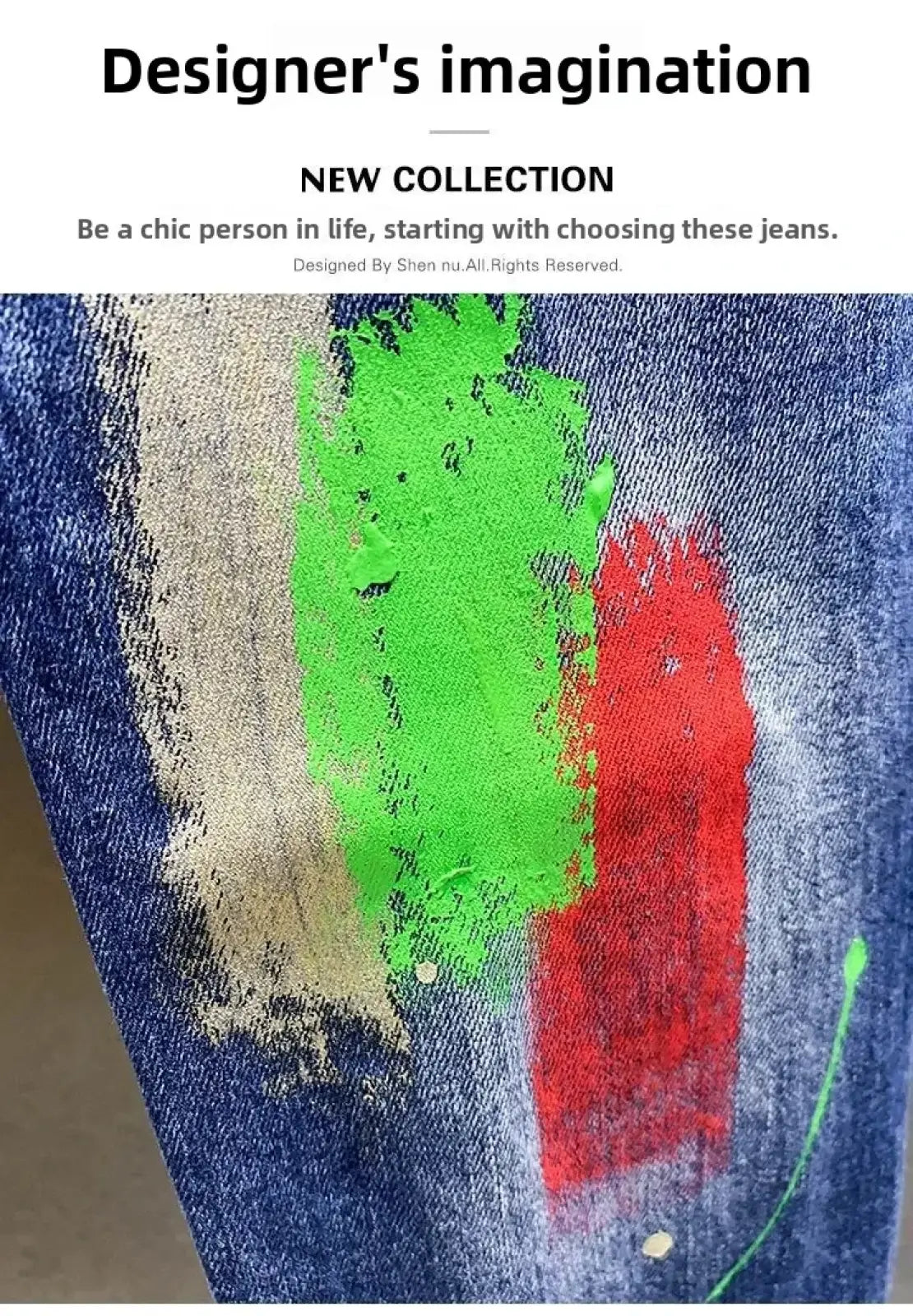 Painted ripped denim jeans for men featuring bold green and red abstract paint splashes on blue denim fabric