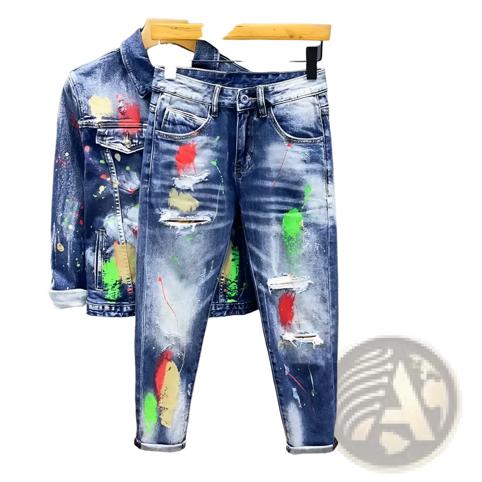 Painted ripped denim jeans for men in blue with colorful paint splatters paired with a matching jacket