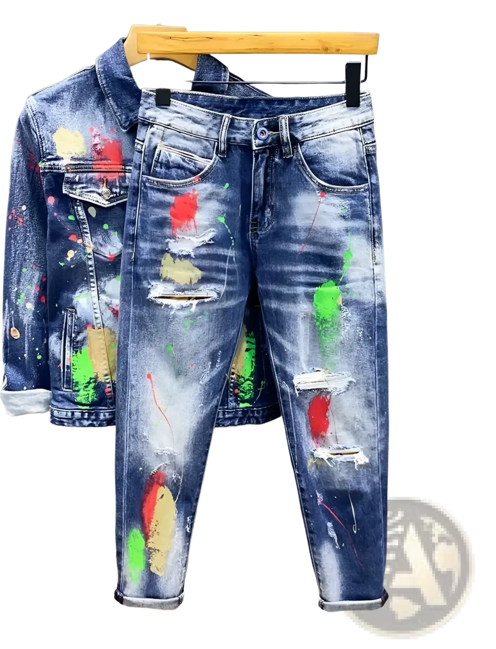 Blue denim painted ripped denim jeans for men featuring colorful paint splatter and distressed details