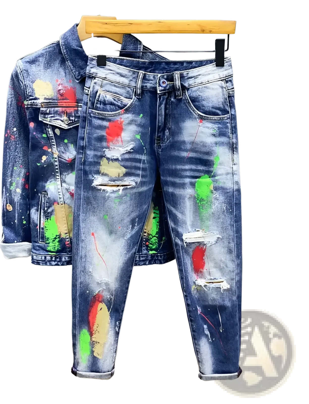 Blue denim painted ripped denim jeans for men featuring colorful paint splatter and distressed details