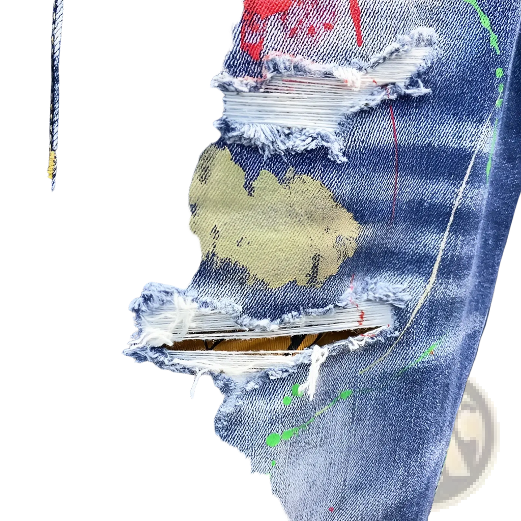 Painted ripped denim jeans for men featuring blue denim with distressed rips and colorful paint splatters